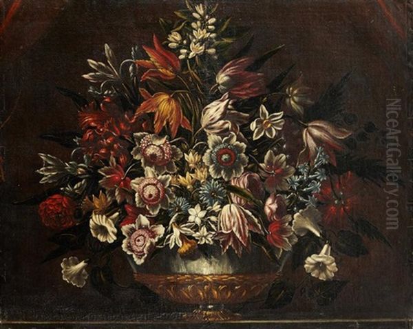 Vase De Fleurs Sur Un Entablement Oil Painting by Juan De Arellano