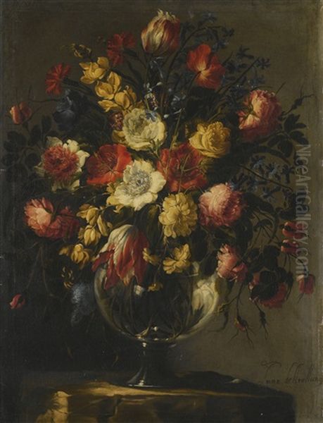 Still Life With A Large Array Of Flowers In A Glass Vase On A Stone Pedestal Oil Painting by Juan De Arellano