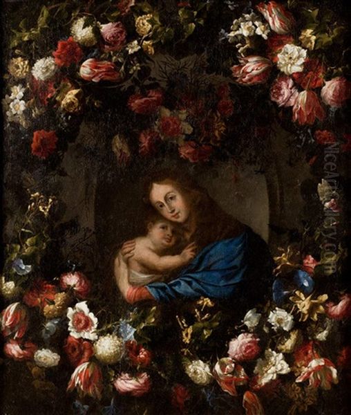 Guirnalda De Flores Con La Virgen Con El Nino Oil Painting by Juan De Arellano