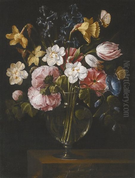 A Still Life Of Narcissi, Daffodils, Tulips, Hollyhocks, Hyacinths And Other Flowers In A Glass Vase On A Stone Ledge, With Butterflies Oil Painting by Juan De Arellano