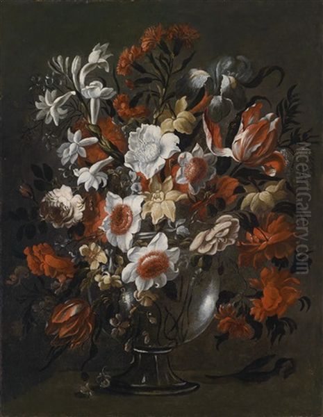 Blumenstillleben Mit Tulpen, Rosen, Nelken Und Anderen Blumen In Einer Glasvase (collab. W/workshop) Oil Painting by Juan De Arellano