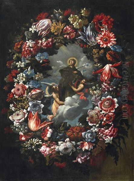 Flower Garland With Saint Francis Oil Painting by Juan De Arellano