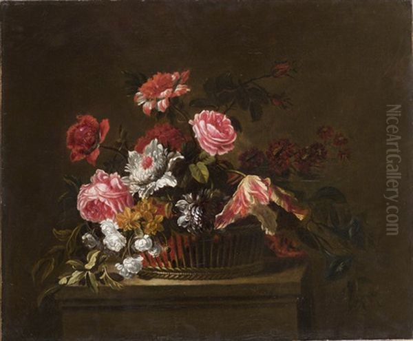 Rose, Garofani, Peonie E Tulipani In Un Cesto Di Vimini Oil Painting by Juan De Arellano