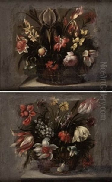 Canastillas Con Flores (pair) Oil Painting by Juan De Arellano