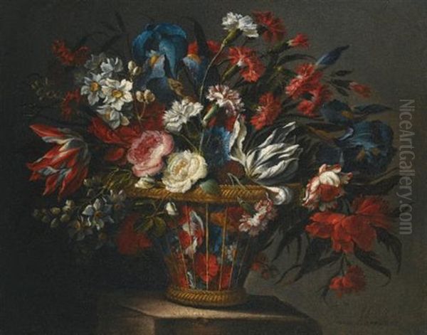 Still Life With Flowers, Including Roses, Narcissi, Peonies, Blue Irises And Variegated Tulips, In A Wicker Basket Set Upon A Stone Plinth Oil Painting by Juan De Arellano