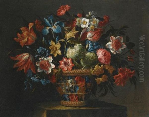 Still Life With Flowers, Including Anemones, Snowballs And Yellow Narcissi, In A Wicker Basket Set Upon A Stone Pedestal Oil Painting by Juan De Arellano