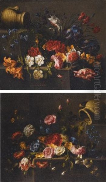 Lilies, Roses, Peonies, Pinks, Iris, A Tulip And Other Flowers On A Stone Ledge, An Earthenware Vessel Upper Left (+ A Tulip, Roses, Dahlias, Peonies, Campanula, Orange Blossom And Other Flowers On Some Steps, An Earthenware Pitcher Upper Right; Pair) Oil Painting by Juan De Arellano