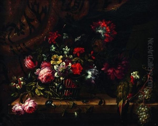 Corbeille De Fleurs Au Perroquet Oil Painting by Juan De Arellano