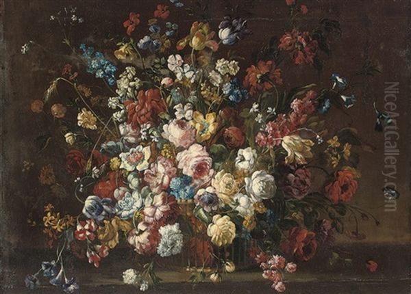 Tulips, Roses And Other Flowers In A Wicker Basket (+ Tulips And Other Flowers In A Wicker Basket; Pair) Oil Painting by Juan De Arellano