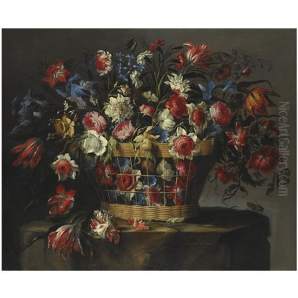 A Still Life With Carnations, Parrot Tulips, Roses, Iris, Daffodils, Morning Glory And Lillies Of The Valley, All In A Basket Over A Stone Ledge With Grasshoppers And A Butterfly Oil Painting by Juan De Arellano