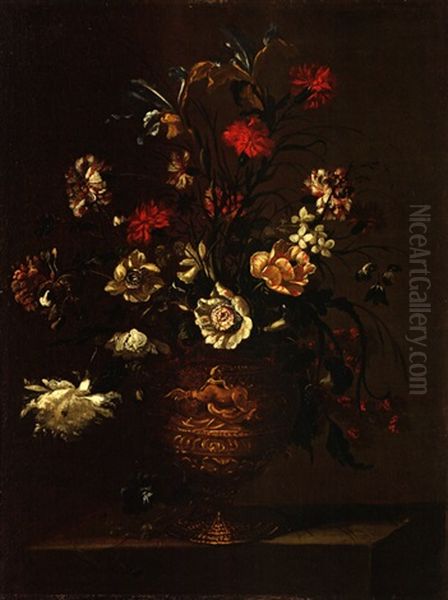 Blumenstrauss Mit Lilien In Relieferter Tonvase Oil Painting by Juan De Arellano