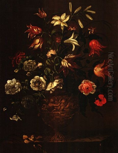 Blumenstrauss Mit Roten Nelken In Einer Reliefierten Tonvase Oil Painting by Juan De Arellano