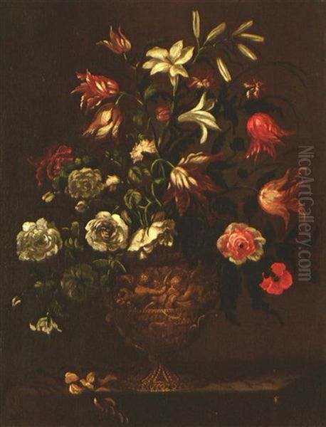 Blumenstrauss Mit Lilien In Relieferter Tonvase Oil Painting by Juan De Arellano