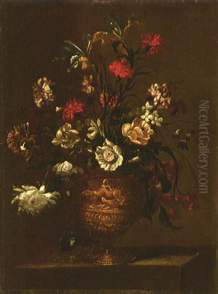 Blumenstrauss Mit Roten Nelken In Einer Reliefierten Tonvase Oil Painting by Juan De Arellano