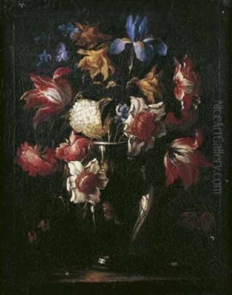 Nature Morte Au Bouquet De Tulipes, Jonquilles Et Pivoines Dans Un Vase En Verre Sur Un Entablement Oil Painting by Juan De Arellano