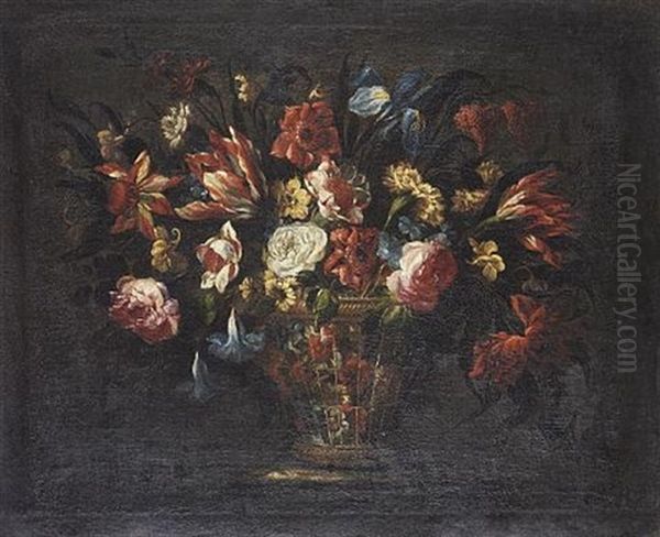 Tulips, Roses, An Iris, Morning Glory And Other Flowers In A Wicker Basket On A Ledge Oil Painting by Juan De Arellano