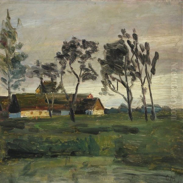 Evening Light On A Peasant Farm Oil Painting by Georg Nicolaj Achen