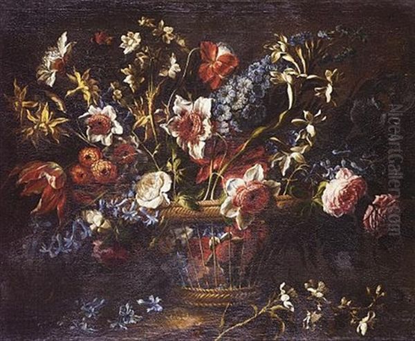 Tulips, Narcissi, Roses, Bluebells And Other Flowers In A Wicker Basket On A Ledge Oil Painting by Juan De Arellano