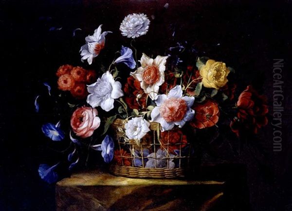 Cesto De Flores Sobre Un Pedestal De Piedra Oil Painting by Juan De Arellano