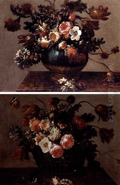 Still Life With Roses, Tulips And Various Other Flowers In An Urn On A Marble Ledge (+ Still Life With Roses, Tulips And Various Other Flowers In A Basket On A Marble Ledge; Pair) Oil Painting by Juan De Arellano