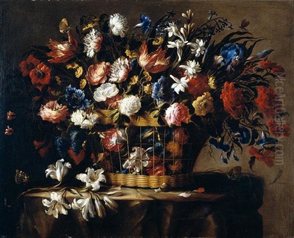 Still Life Of Roses, Irises, Morning Glory, Hyacinths, Chrysanthemums And Carnations In A Wicker Basket, Set Upon A Stone Ledge, With A Stem Of Lilies, Butteflies, Dragonflies And A Snail Oil Painting by Juan De Arellano