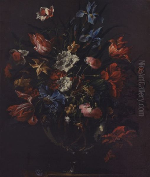 Bouquet D'iris, Pivoines, Tulipes Et Jonquilles Dans Un Vase En Verre Pose Sur Un Entablement Oil Painting by Juan De Arellano