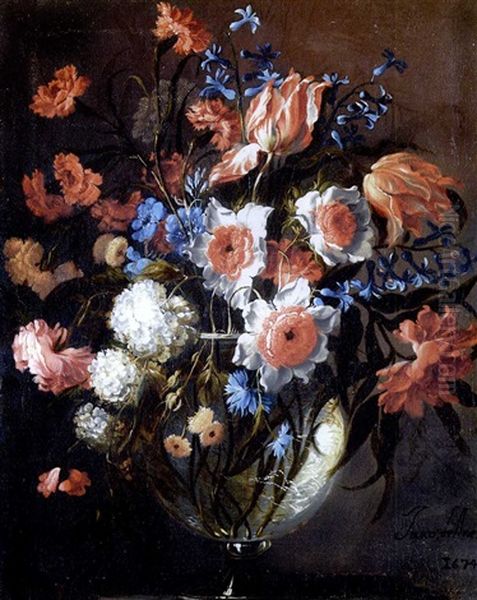 Blumenstraus In Einer Glasvase Auf Einer Steinplinthe Oil Painting by Juan De Arellano