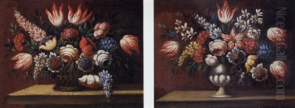 Flowers In An Urn On A Ledge Oil Painting by Juan De Arellano