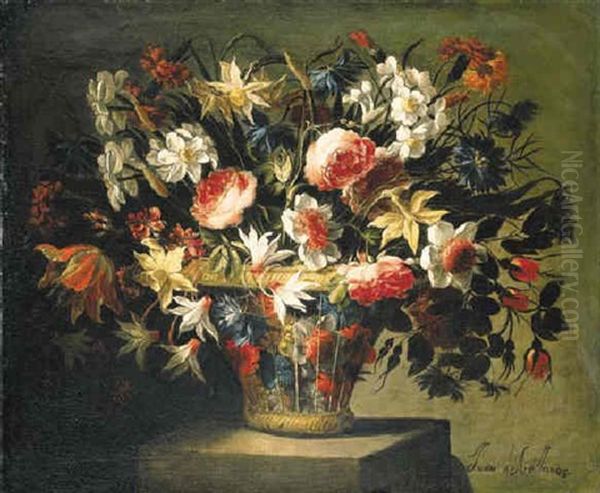 Roses, Carnations, Narcissi And Other Flowers In A Basket On A Stone Plinth Oil Painting by Juan De Arellano