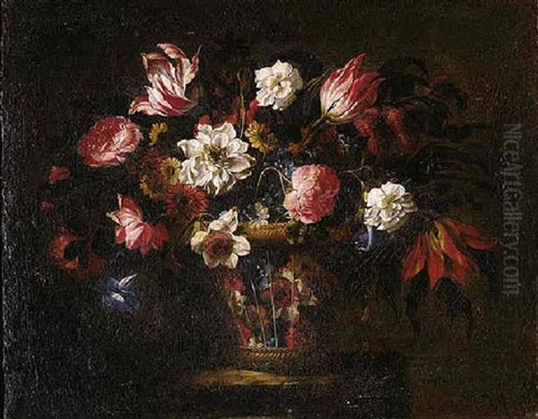 A Still Life Of Roses, Variegated Tulips, And Other Flowers In A Wicker Basket, Resting Upon A Stone Ledge by Juan De Arellano