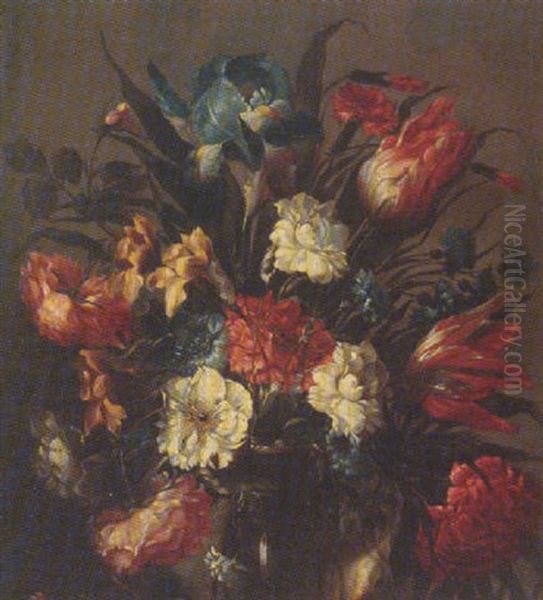 Still Life Of Tulips, Roses, An Iris And Other Flowers, In A Glass Vase Oil Painting by Juan De Arellano