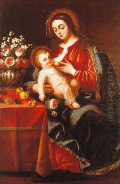 Virgen Amamantando Al Nino Oil Painting by Juan De Arellano