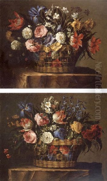 Still Life Of Roses, Peonies, Variegated Tulips, Hyacinths, Blue Irises, Anemones, Narcissi, And Other Flowers In Basket Oil Painting by Juan De Arellano