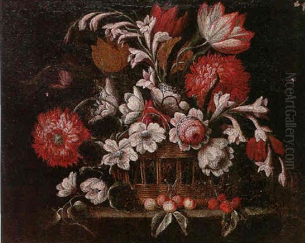 A Still Life Of Various Flowers In A Wicker Basket, And Cherries, Upon A Stone Ledge Oil Painting by Juan De Arellano