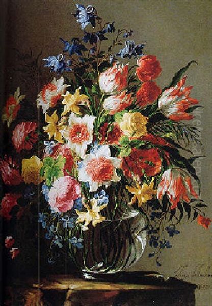 Still Life Of Roses, Tulips And Other Flowers In A Glass Vase, On A Stone Pedestal Oil Painting by Juan De Arellano