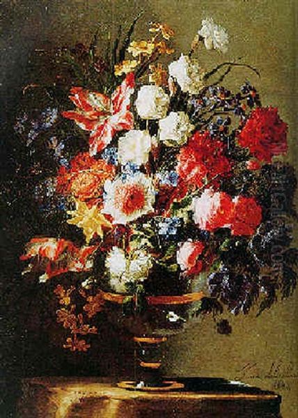 Still Life With Roses, Tulips And Other Flowers In Glass And Ormolu Vase, On A Stone Pedestal Oil Painting by Juan De Arellano