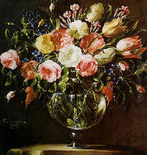 Still Life Of Roses And Other Flowers In  A Glass Vase On Stone Plinths by Juan De Arellano