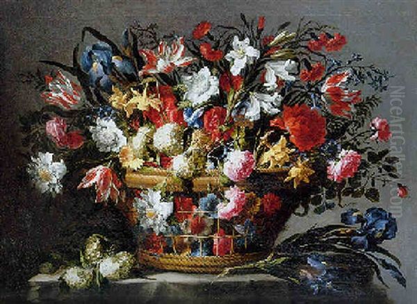 Tulips, Daffodils, Roses, Irises, Carnations And Other Flowers In A Wicker Basket Oil Painting by Juan De Arellano