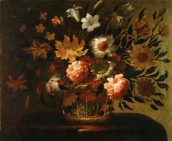 Cesto De Flores Sobre Una Repisa De Piedra Oil Painting by Juan De Arellano