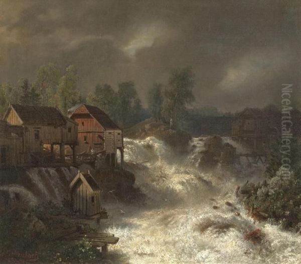 Die Wasserfalle Von Trollhattan In Schweden Oil Painting by Andreas Achenbach