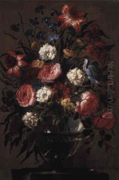 Roses And Other Flowers In A Glass Vase On A Stone Ledge by Juan De Arellano