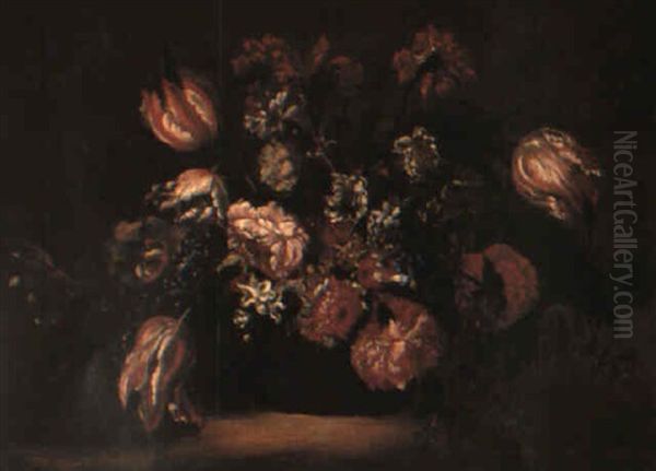 Flowers In A Basket On A Ledge Oil Painting by Juan De Arellano