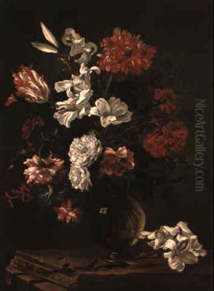 Flowers In Glass Vase On Stone Ledge Oil Painting by Juan De Arellano