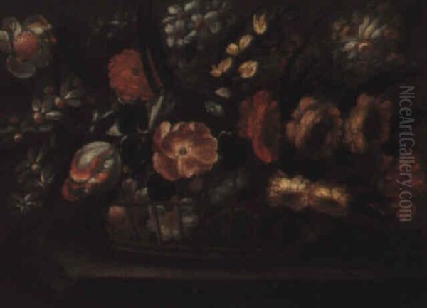 Cesta Con Flores Sobre Un Plinto De Piedra Oil Painting by Juan De Arellano