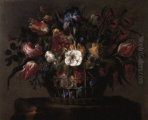 Iris And Other Flowers In A Basket On A Stone Pedestal Oil Painting by Juan De Arellano