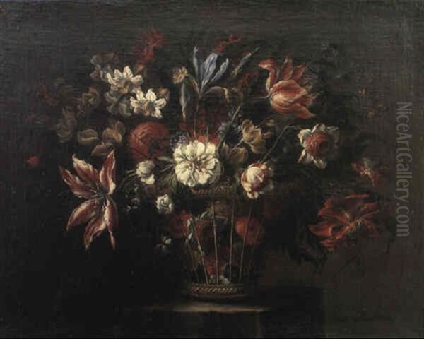 Tulips And Other Flowers In A Basket On A Stone Ledge Oil Painting by Juan De Arellano