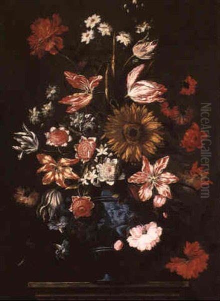 Still Life Of Flowers In A Bluestone Vase On A Pedestal Oil Painting by Juan De Arellano