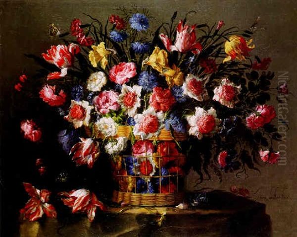 Still Life Of Variegated Tulips, Roses, Anemone, Love-in-a  Mist (nigella), Cornflowers, Daffodils And Other Flowers... by Juan De Arellano