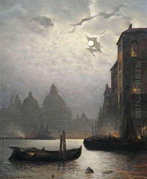 Venice. 
The Grand Canal At Moonlight. Oil Painting by Andreas Achenbach