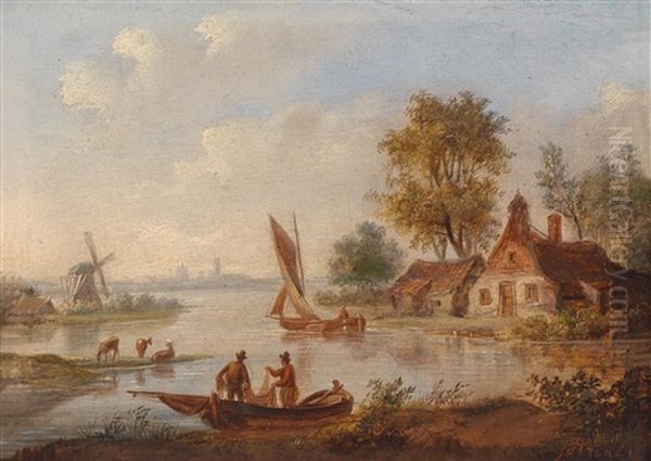 Hollandische Flusslandschaft Mit Einer Am Ufer Gelegenen Windmuhle Und Booten Oil Painting by Jan Arends